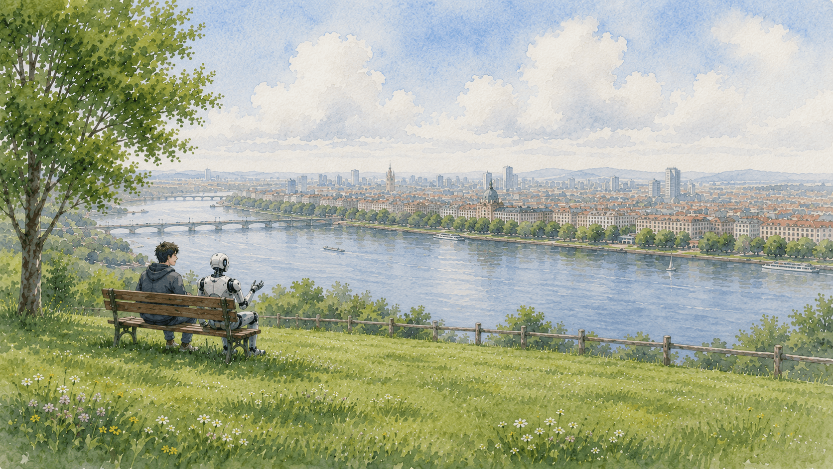A person and a robot sitting together on a hill overlooking a riverside city